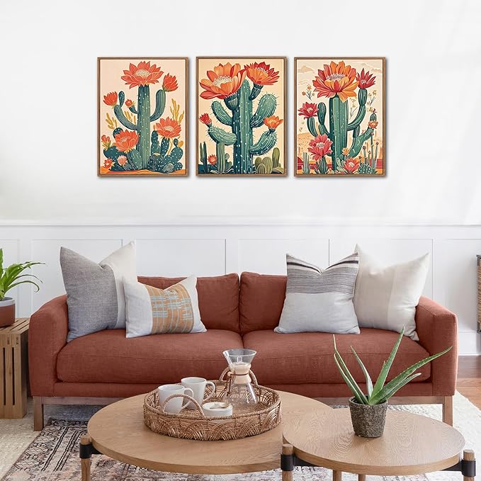 CHDITB Desert Cactus Framed Canvas Wall Art, Southwest Saguaro Wall Decor, Nature Plant Succulent Wall Painting, Tropical Botanical Flower Art Prints for Bathroom Living Room Bedroom Decor -12”x16”x3