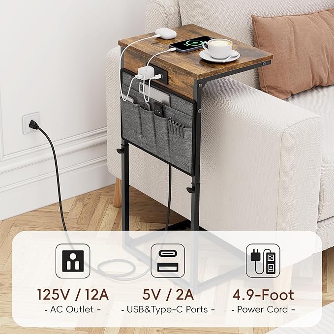 Vagusicc C Shaped End Table with Charging Station, 33" Tall Side Table for Couch, Sofa Table Adjustable Height Side Table C Table, Slide Under Couch Table TV Tray Table for Living Room, Bedroom, Brown