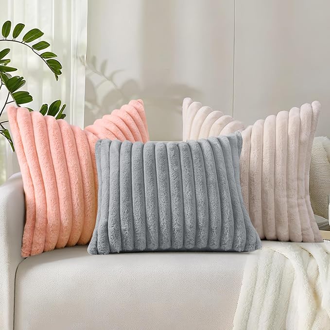 decorUhome Summer Cozy Faux Fur Throw Pillow Covers 18x18 Set of 2 Decorative Plush Striped Modern Farmhouse Boho Couch Pillow Cases with Velvet Back for Sofa Bed Living Room, Blush Pink