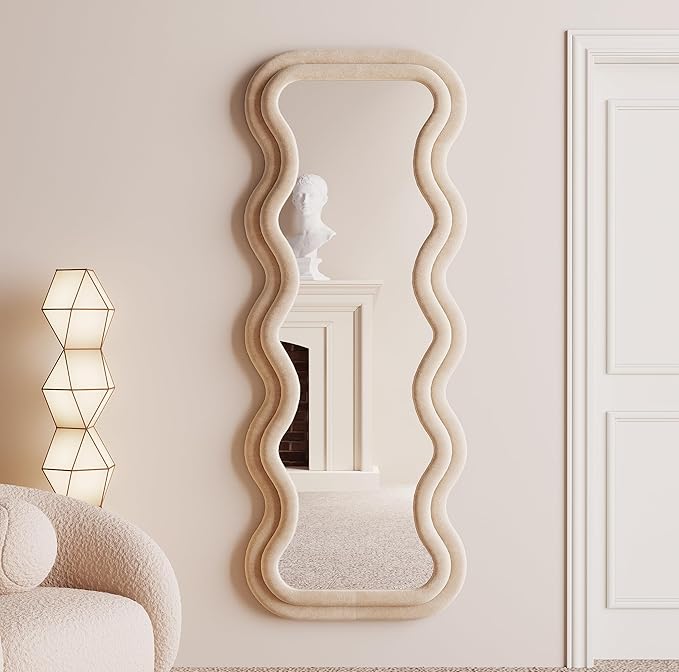 BOJOY Full Length Irregular Wavy Mirror 63"x24", Arched Floor Mirror Standing Hanging or Leaning Against Wall for Bedroom, Flannel Wrapped Wooden Frame -Light Coffee