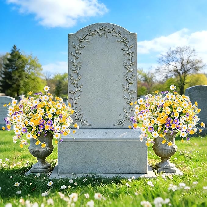 12 Bundles Artificial Daisy Flowers for Outdoors Summer Decor, UV Resistant Fake Flowers Faux Plastic Greenery Shrub Plants for Home Gardens Porch Planter Yards Cemetery Décor(Mix White Yellow Purple)