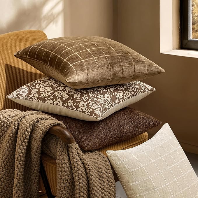 MIULEE Decorative Chenille Check Throw Pillow Covers Vintage Plaid Couch Pillows 18x18 Inch Set of 2 Neutral Boho Farmhouse Cushion Covers Modern Home Decor for Sofa Bed Living Room Toffee