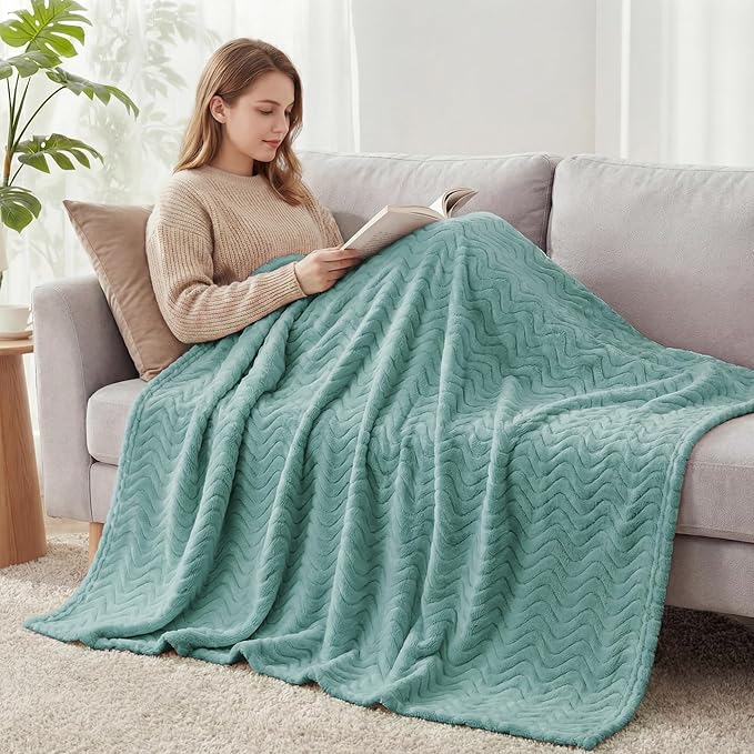 Exclusivo Mezcla Twin Blanket for Bed, Cozy Lightweight Fleece Blankets for All Season, Decorative Giftable Fuzzy Plush Wave Textured Suitable for Women, Men, Celadon, 90x66 Inches