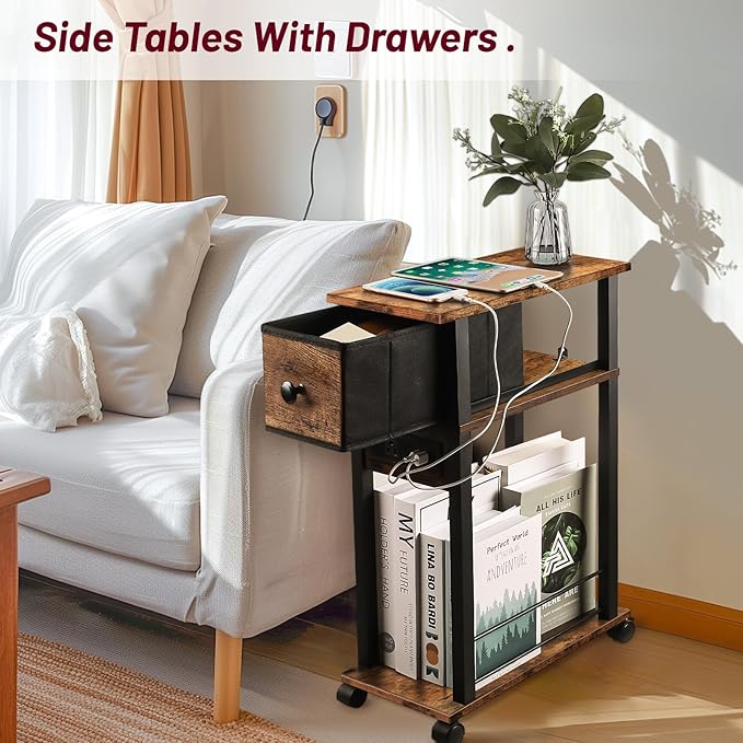 Sofa Side Table Narrow End Table (1PC) - Rustic Brown & Black Two-Tone, Side Table with Charging Station (1 AC + 2 USB) & Storage Drawer, 4 Wheels Mobile Nightstand for Bedroom Living Room