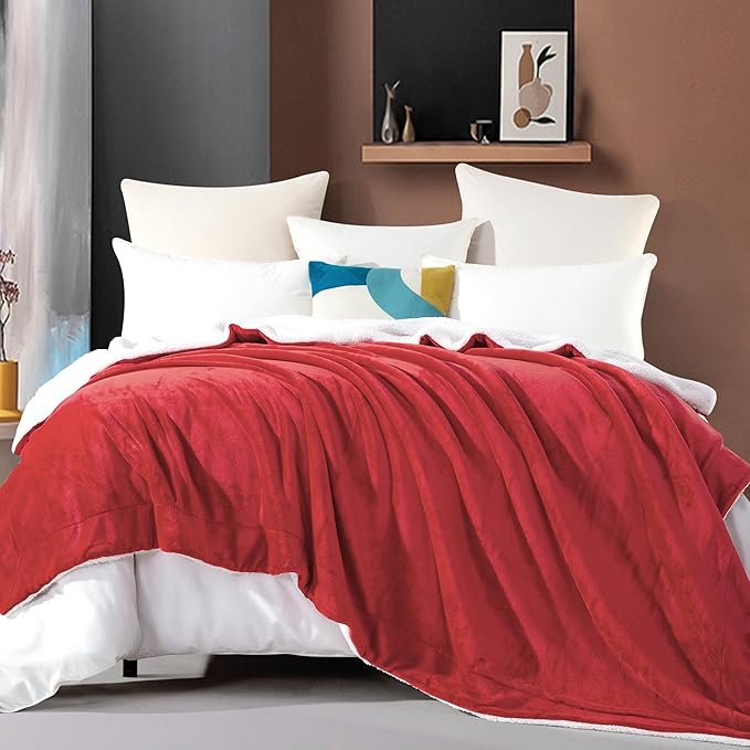 Elegant Comfort Ultra Soft Reversible Flannel Sherpa Blanket - Cozy Silky Fleece Throw for Couch, Bed - Plush Fuzzy Warm Winter Blanket for Gift, King, Red