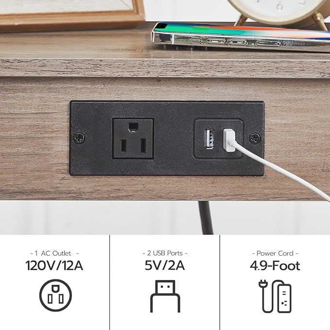 HOOBRO Side Table with Charging Station, Set of 2 End Table with USB Ports and Outlet, Nightstand with 2-Tier Storage Shelf, Faux Rattan Decoration, for Small Space, Greige and Black BG91UBZP201