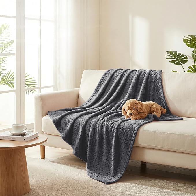 Exclusivo Mezcla Fleece Throw Blanket for Couch, Cozy Lightweight Blankets for All Season, Decorative Giftable Fuzzy Plush Wave Textured Throws for Women, Men, Dark Grey, 50x70 Inches