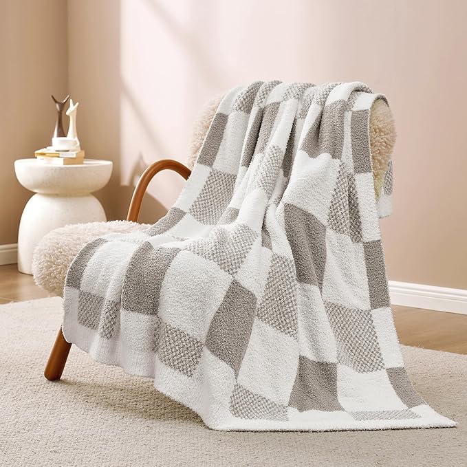 Snuggle Sac Checkered Blanket, Grey Throw Blanket for Couch Checker Microfiber Fluffy Warm Fuzzy Cozy Soft Throw Blanket Reversible Checkerered Blankets for Sofa, Chair, Bed, 60x80 inches