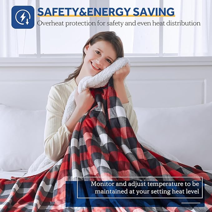 Sealy Electric Heated Throw, Plaid Lightweight Blanket for Sofa, Couch, Bed, Double Side Super Soft Luxurious Plush (Red, Queen Size 84" x 90")