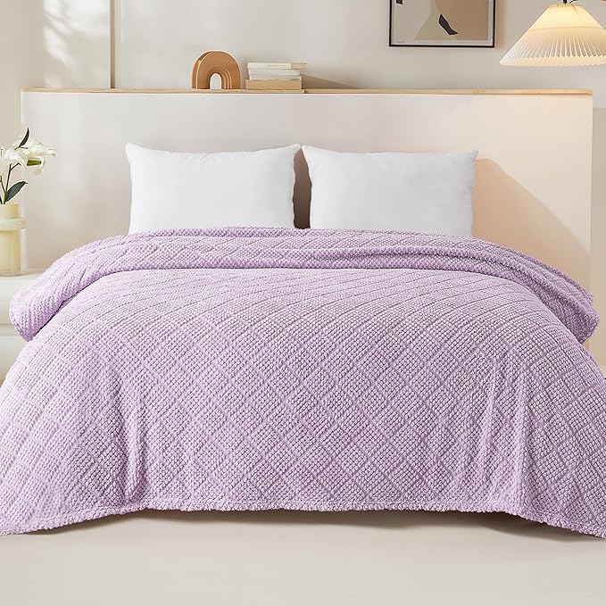Whale Flotilla Fuzzy Fleece Queen Size Blanket for Bed, Soft Fluffy Jacquard Waffle Blankets for All Season, Lightweight and Warm, 90x90 Inch, Lilac