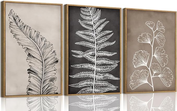 Wodkwq 3 Piece Black Beige Vintage Botanical Canvas Wall Art Framed,Modern Natural Leaves Wall Decor,Minimalist Floral Wall Painting, Abstract Leaf Art Print for Living Room,Bedroom,Office 12x16in