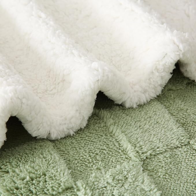 Sherpa Throw Blanket for Couch, Flannel Cozy Soft Thick Blanket for Bed - Fleece, Sage Green, 60x80 Inches