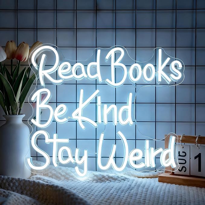 Neon Sign, Read Books Be Kind Stay Weird Neon Signs for Wall Decor White LED Neon Light Up Signs Home Decor for Study Room Bookstore Bedroom Business Club Decoration USB Operated
