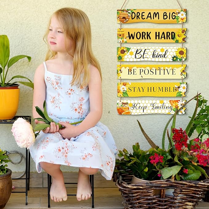 6 Pieces Rustic Wall Hanging Plaque Sign Inspirational Wall Art Farmhouse Wooden Door Signs Positive Plaque with Quotes Motivational Quote Decor for Office Bedroom Living Room(Floral Style)
