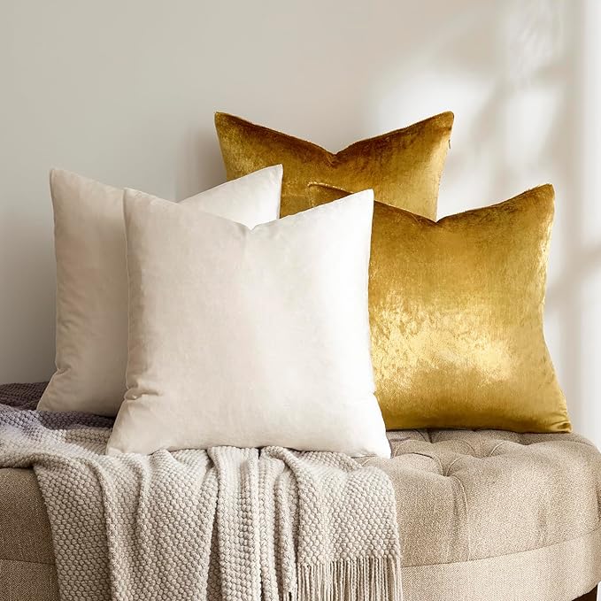 GIGIZAZA Velvet Pillow Covers 18x18,Ivory Gold Soft Throw Pillow Covers Set of 4 Square Decorative Modern Pillows Covers for Living Room