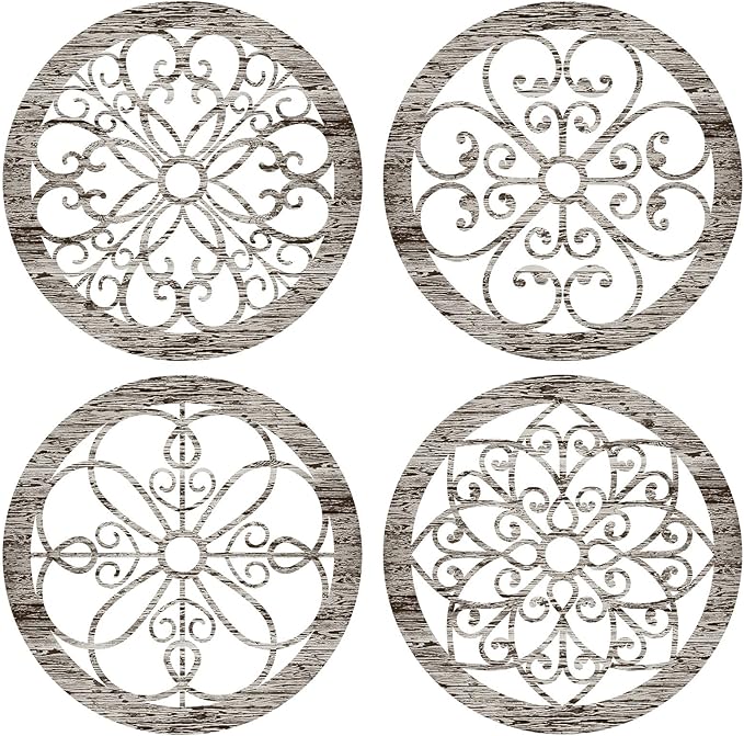 Yulejo 4 Pcs Thicken Rustic Wall Decor Farmhouse Kitchen Wall Round Art Wooden Hollow Carved Design Rustic Art for Living Room Bedroom Hallway Decor(9.8 x 9.8 Inch,grey wood tone)