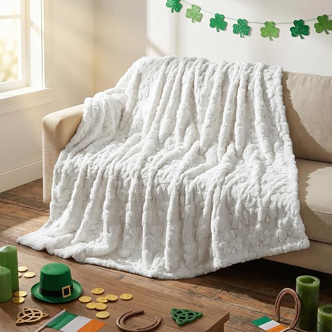 Horaldaily St. Patrick's Day Solid Blanket Throw, White Shamrock Soft Fuzzy Plush Faux Fur Cozy Blankets for Couch Sofa Bed Lounging, Ideal Gifts for Kids Adults Wife Self, 60x80