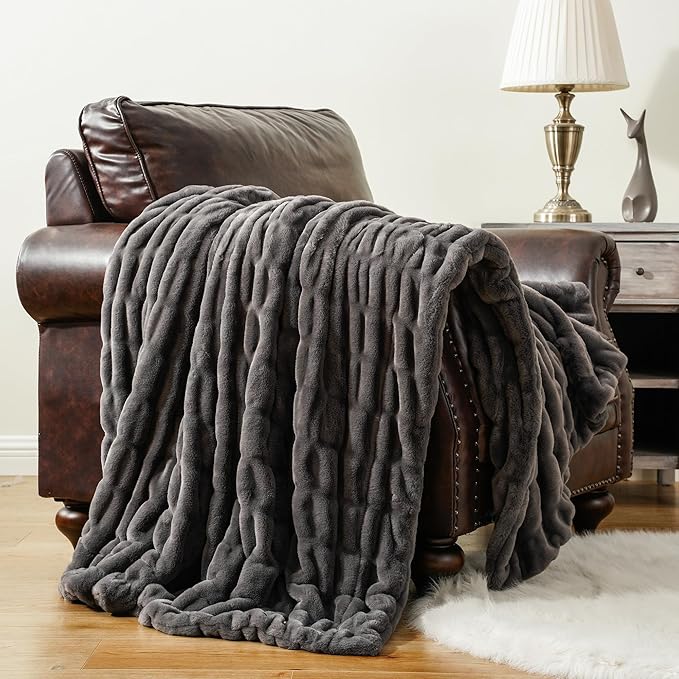BATTILO HOME Luxury Grey Faux Fur Throw Blanket, Double Side Ruched Rabbit Fur Blanket for Couch, Bed, Cozy Soft Warm Blanket, 60x80 Inches