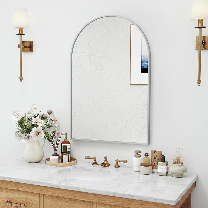 30x20 Arch Mirror Rectangle Wall Mounted Hanging or Against Wall Aluminum Alloy Metal Frame Dressing Make-up Mirrors for Entryway Bedroom Bathroom Living Room 30 20 inch Silver