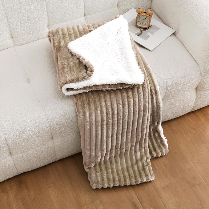Tan Sherpa Fleece Throw Blanket 60”×80” for Couch Sofa Bed,Super Soft Cozy Plush Double Side Thick Flannel Blanket with Striped Design Lightweight for Adults,Woman,Girls