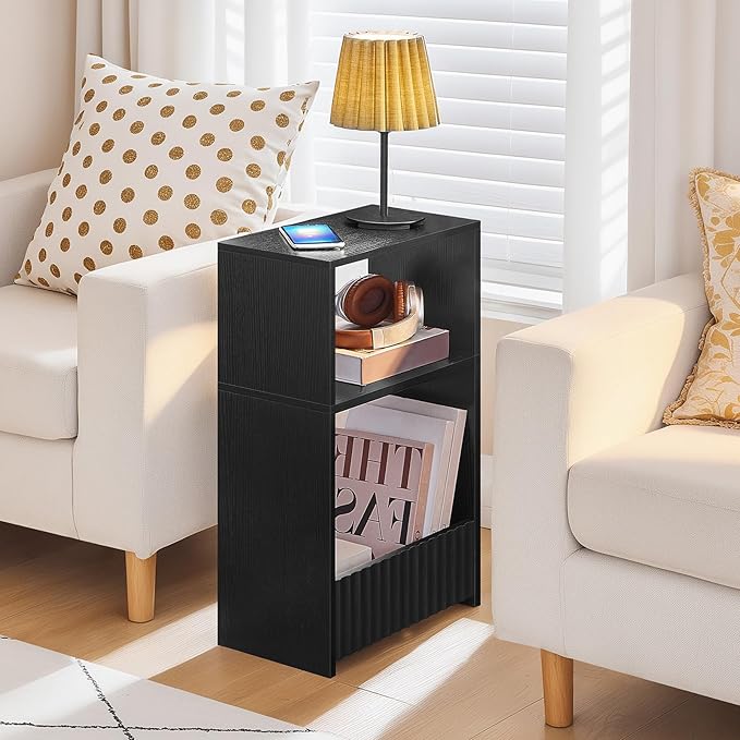 Small Narrow Side Table with Open Storage Shelves, 3-Tier Skinny End Table for Small Space, Slim Nightstand, Skinny Couch Side Table for Living Room, Bedroom, Entryway, Natural ETBK75101