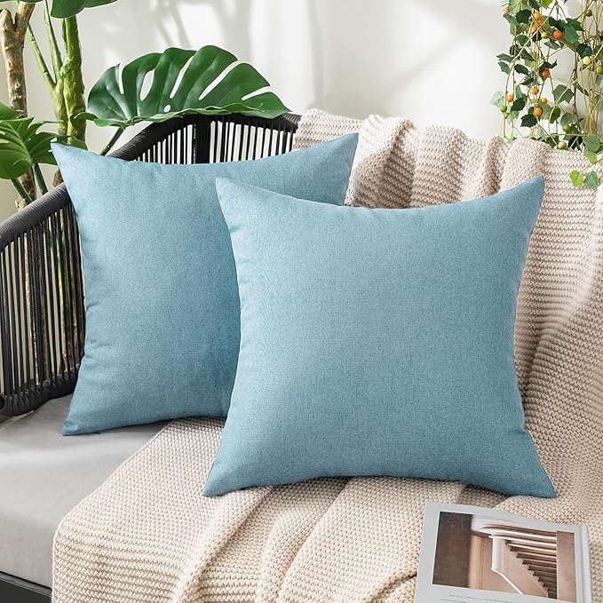 MIULEE Pack of 2 Decorative Outdoor Solid Waterproof Throw Pillow Covers Faux Linen Garden Farmhouse Coastal Cushion Cases for Summer Patio Tent Balcony Couch Sofa 20x20 Inch Blue Gray