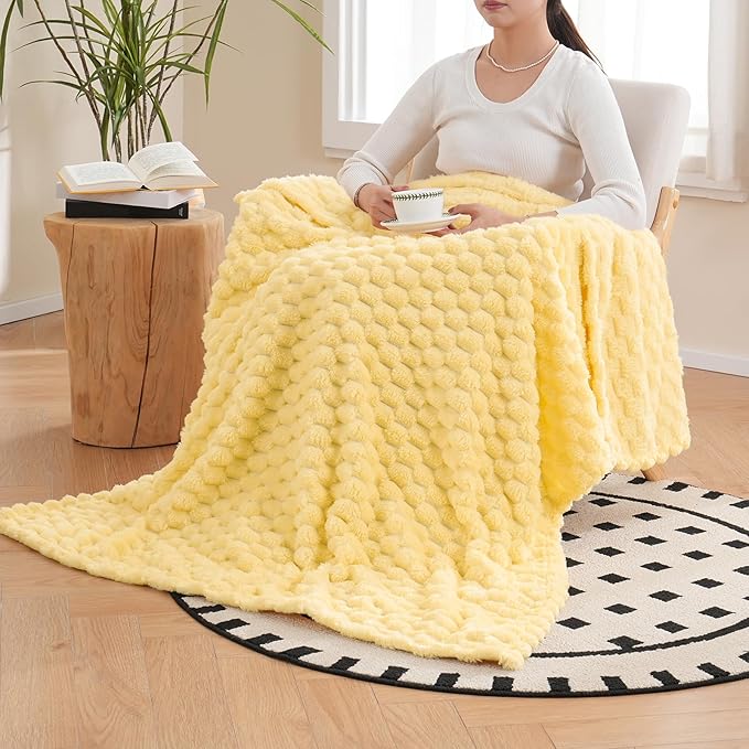 Vessia Flannel Fleece Twin Blanket, 3D Jacquard Light Yellow Fuzzy and Warm Blanket for Couch, Sofa, Bed, 300GSM Super Soft Touch Cozy Home Decor for All Seasons (60x80 inches)