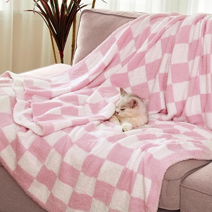 Checkered Throw Blanket, Pink Soft Cozy Fluffy Knitted Throw Blankets for Couch, Sofa, Bed, Chair, Warm Fuzzy Travel Picnic Lightweight Plaid Blanket, 60x80 inches