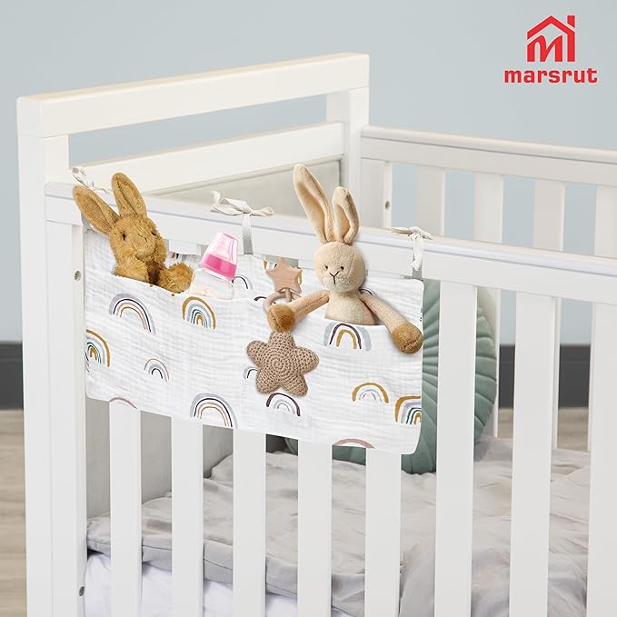 Crib Hanging Storage Organizer Bag, Baby Bedside Cribs Pocket, Cotton Material, Multifunctional Caddy Bags for Organizing Drool Bibs Diaper Bed-Bunk Nappy Milk Bottle Dormitory (Rainbow White)