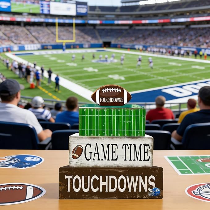4 Pcs Football Table Decorations Football Wooden Tiered Tray Decor Decorative Sport Centerpiece Faux Book Block Sign for Desk Tabletop Floating Shelf Mantel Fireplace Home Decor