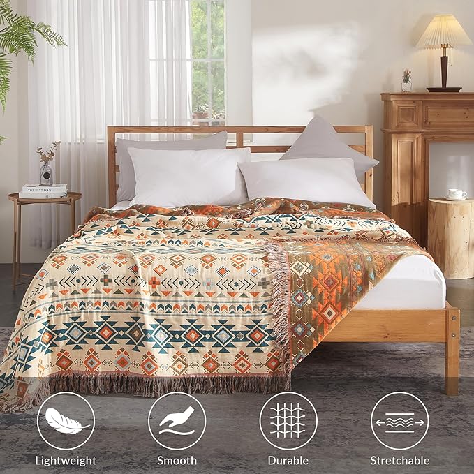 Boho Throw Blanket for Couch Sofa Bed, 100% Cotton Woven Quilt with Tassel 50”x60”, Super Soft Muslin Blanket with Patchwork Printed, Decorative Reversible Bed Blanket/Cover for All Seasons