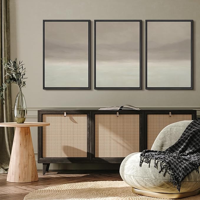 MUDECOR Framed Wall Art Print Set Misty Horizon Minimalist Foggy Mountain Landscape in Soft Neutral Tones Illustrations Realism Decorative for Living Room, Bedroom, Office - 16"x24"x3 Black
