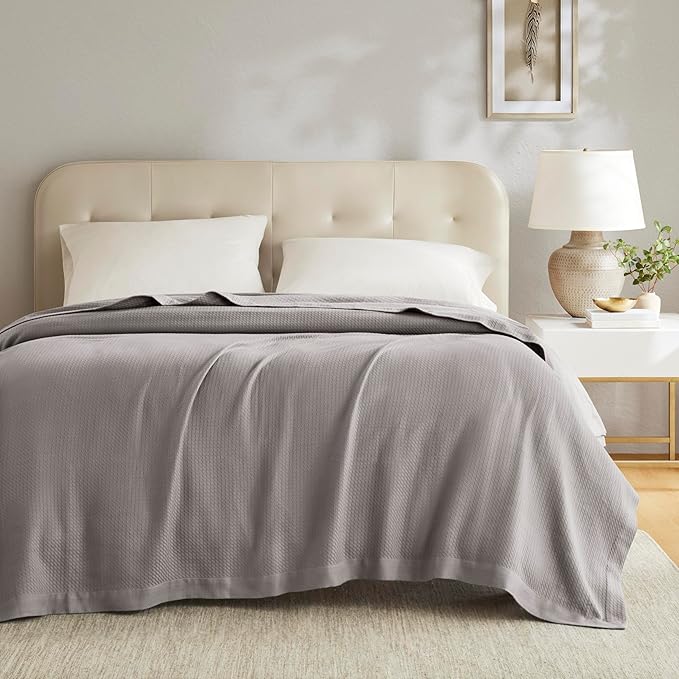 Madison Park 100% Egyptian Cotton Lightweight Summer Blanket, Breathable Waffle Knit Design, Soft Cozy All-Season Throw for Bed, Couch or Sofa, Grey Full/Queen Size (90"x90")