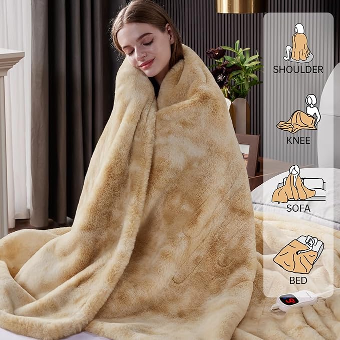 Guohaoi Heated Blanket Electric Throw, Soft Faux Rabbit Fur Electric Blanket with 10 Heating Levels 5 Sitting Timer Auto Off, Dual-Controller Heating Blankets, Machine Washable(90"×100" Beige)