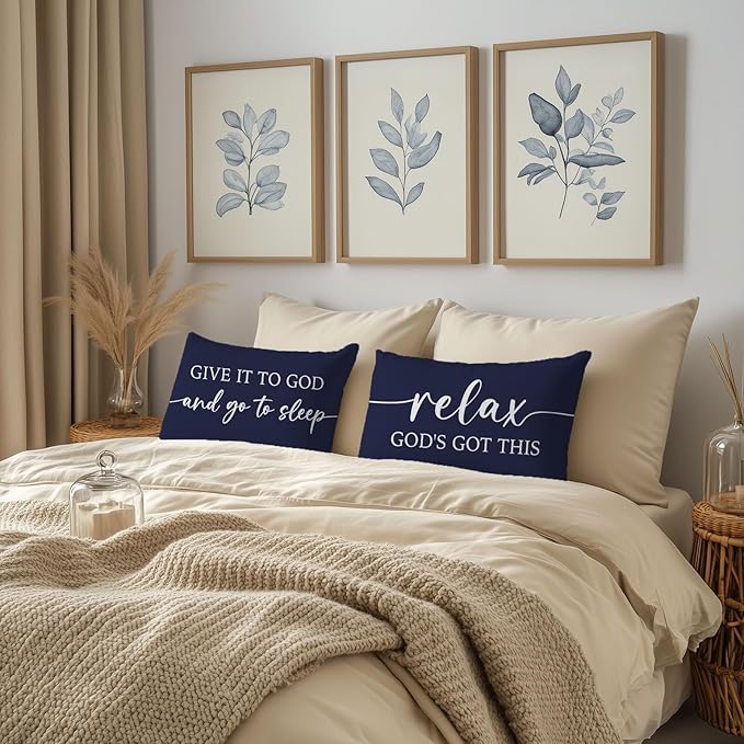 Christian Pillow Covers 12x20 for Bed Set of 2 – Navy Blue Faith Lumbar Cushion Case – Give It to God and Go to Sleep/Relax God’s Got This – Inspirational Gift for Him