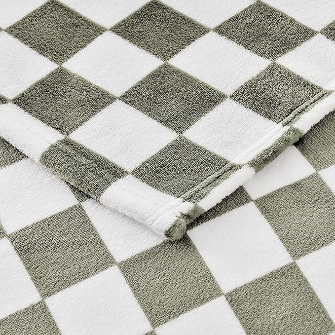 Checkered Blanket Flannel Throw Blankets Soft Cozy Checkered Grid Print Chessboard Gingham Pattern Throws for Bed Sofa Couch for All Seasons, 50x60 Inch, Dark Olive