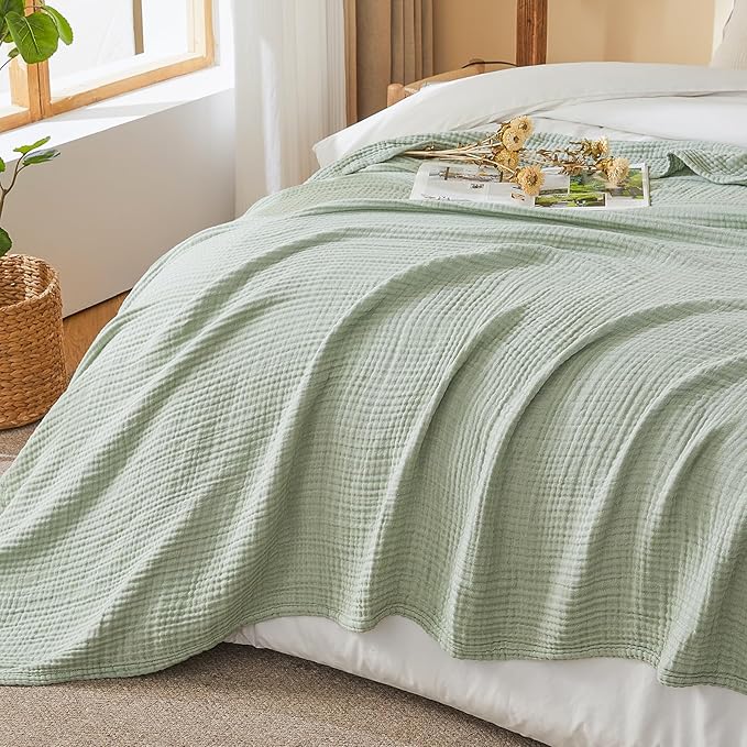 EMME Cotton Muslin Twin XL Blanket Breathable Gauze Soft Lightweight Blankets Adults Gifts for Women (Heather Sage Green, 66"x90")