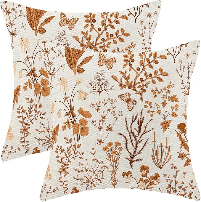 AEIOAE Fall Pillow Covers 24x24 Inch Set of 2,Burnt Orange Wild Flower Plant Throw Pillows Case,Seasonal Floral Outdoor Decorative Square Linen Farmhouse Decor Cushion Covers for Home Sofa Bed Couch