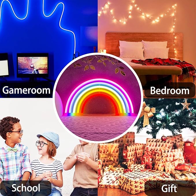 Rainbow Neon Sign Led Lights Rainbow Wall Decor Room Decor For Girls, USB/Battery Operated Lamp Kids Classroom Neon Light Decorations For Night Bedroom Office Christmas