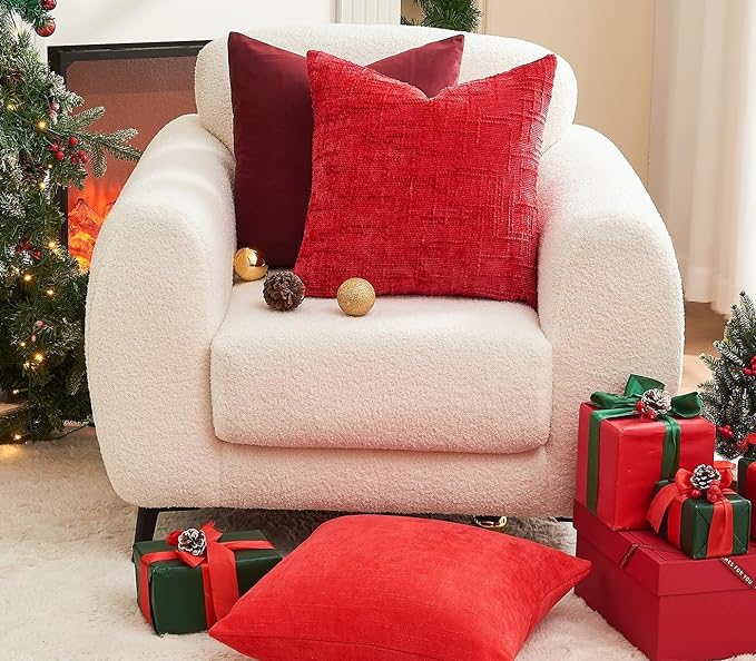 Christmas Burgundy Pillow Covers Set of 2 16x16 Inch Throw Pillow Covers, Soft Velvet Xmas Wine Red Decorative Pillow Covers for Couch Sofa Bed Living Room, Home Modern Decor