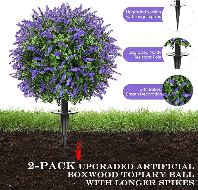 Artificial Topiary Bushes for Outdoors with Spike, Boxwood Ball Fake Shrubs UV Resistant Faux Plants for Indoor Outdoor Fall Thanksgiving Halloween Decor (Lavender Boxwood Purple-2 Packs)