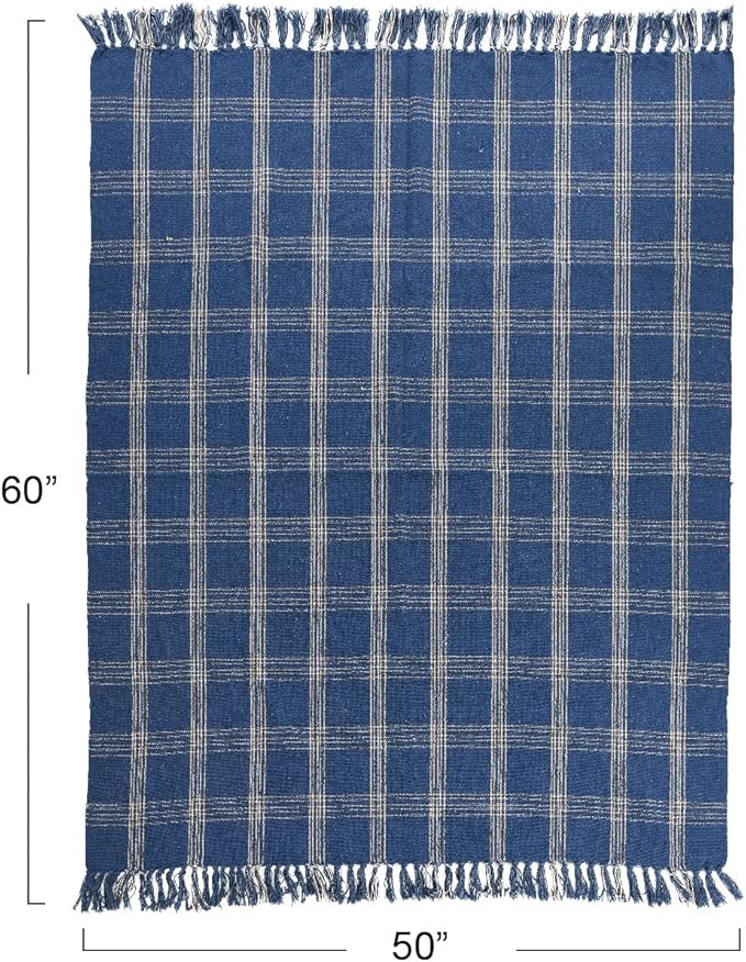 Creative Co-Op Recycled Cotton Blend Throw Blanket with Fringe, Blue Plaid (Pack of 4)