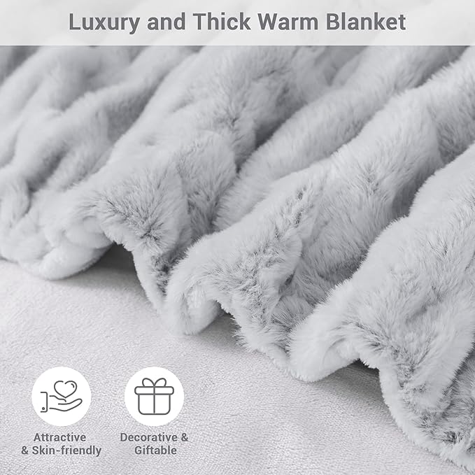 Warm Fuzzy Faux Fur Blanket, Elastic Striped Fleece Throw Blanket for Couch Sofa Bed Living Room, Light Grey Double-Sided Furry Blanket and Throws - 50"x 60"