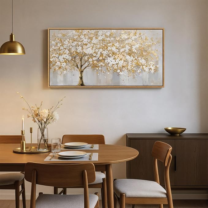 Large Framed Gold Tree Wall Art for Living Room, Neutral Gray White Canvas Painting for Modern and Elegant Home Decor, Golden Tree of Life Artwork for Bedroom Kitchen Dining Room Office, 20x40 Inch