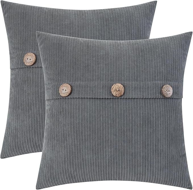 HWY 50 Gray Grey Chenille Throw Pillow Covers 18x18 Inch with Triple Buttons, Soft Farmhouse Accent Decorative Cushion Cases for Couch Sofa Bed Living Room Bedroom Pack of 2