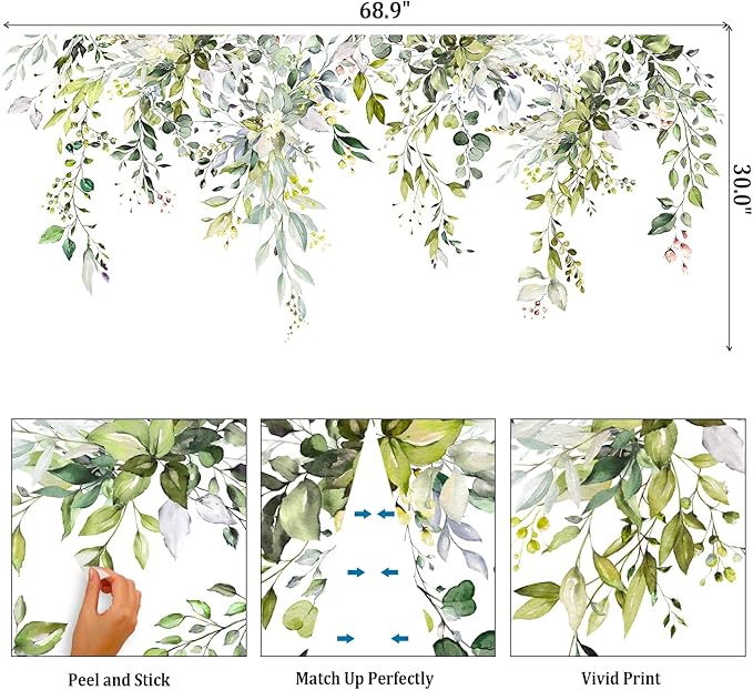 Green Plants Leaves Wall Decals Peel and Stick, Large Floral Flowers Wall Stickers, Removable Vine Home Decor Art for Bedroom Living Room Classroom Office