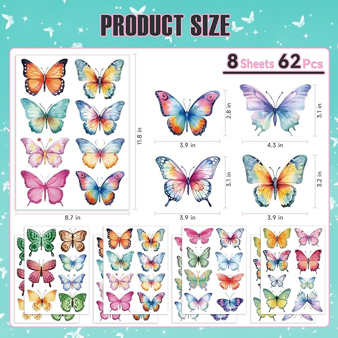 Butterfly Wall Stickers - 8 Sheets 62 Pcs Butterfly Watercolor Wall Decals Peel and Stick Wall Decals for Girls Kids Bedroom Room Nursery Room Décor