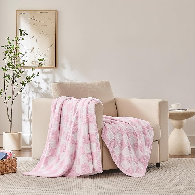 Checkered Throw Blanket, Pink Soft Cozy Fluffy Knitted Throw Blankets for Couch, Sofa, Bed, Chair, Warm Fuzzy Travel Picnic Lightweight Plaid Blanket, 60x80 inches