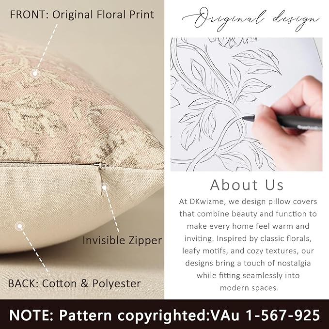 Vintage Floral Print Throw Pillow Covers 18x18 Set of 2 Neutral Modern Farmhouse Pillowcases Accent Decorative Cushion Covers Boho Home Decor for Couch Sofa Chair Bed Living Room, Champagne Pink