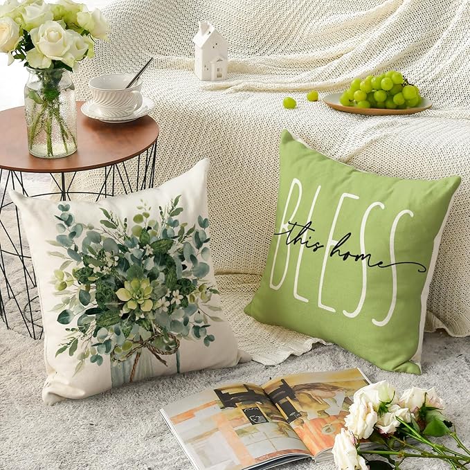 AVOIN Colorlife Home Sweet Home Eucalyptus Leaves Green Throw Pillow Covers, 16x16 Inch Spring Summer Seasonal Decorations Set of 4